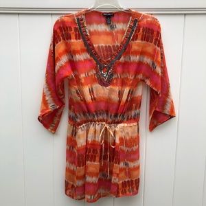 Multicolor red/orange tunic swim coverup